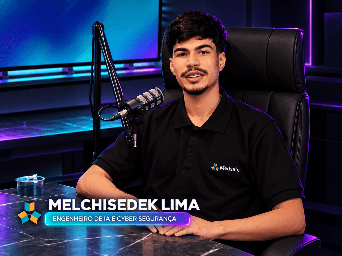 Retrato ilustrado de Melchisedek Lima em um podcast